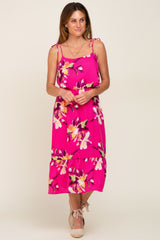 Fuchsia Floral Flounce Shoulder Tie Maternity Midi Dress