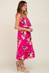 Fuchsia Floral Flounce Shoulder Tie Midi Dress