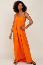 Orange Linen V-Neck Tie Strap Maxi Dress