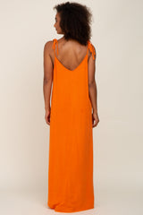 Orange Linen V-Neck Tie Strap Maxi Dress