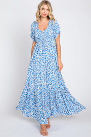 Blue Floral Cinched Bust Maxi Dress