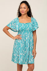 Teal Floral Smocked Maternity Dress