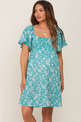 Teal Floral Smocked Maternity Dress