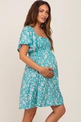 Teal Floral Smocked Maternity Dress