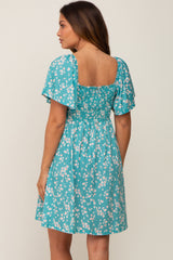 Teal Floral Smocked Maternity Dress