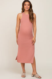 Mauve Ribbed Cutout Shoulder Side Slit Midi Dress