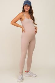 Taupe Ribbed Sleeveless Maternity Jumpsuit