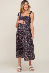 Black Micro Floral Smocked Maternity Dress