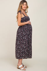 Black Micro Floral Smocked Maternity Dress