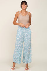 Light Blue Leaf Print Wide Leg Pants