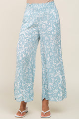 Light Blue Leaf Print Wide Leg Pants