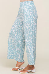 Light Blue Leaf Print Wide Leg Pants