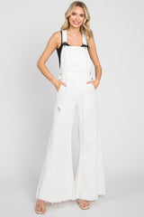 Ivory Denim Distressed Wide Leg Overalls