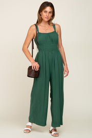 Green Smocked Square Neck Sleeveless Linen Jumpsuit