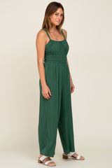 Green Smocked Square Neck Sleeveless Linen Jumpsuit