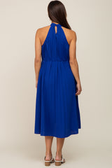 Royal Blue Pleated Halter Maternity Midi Dress