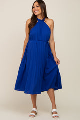 Royal Blue Pleated Halter Maternity Midi Dress