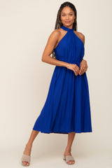 Royal Blue Pleated Halter Midi Dress