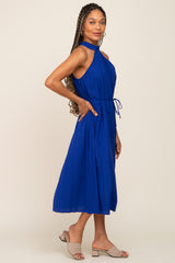 Royal Blue Pleated Halter Midi Dress