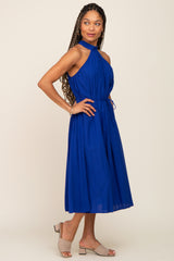 Royal Blue Pleated Halter Midi Dress