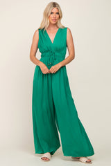 Green Satin V-Neck Side Slit Jumpsuit