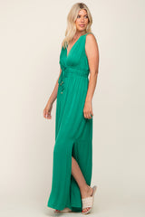 Green Satin V-Neck Side Slit Jumpsuit