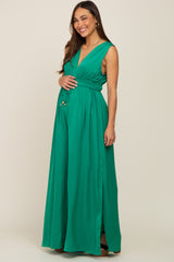 Green Satin V-Neck Side Slit Maternity Jumpsuit