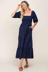 Navy Blue Square Neck Smocked Tiered Maternity Maxi Dress