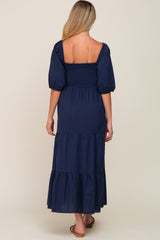 Navy Blue Square Neck Smocked Tiered Maternity Maxi Dress