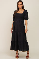 Black Square Neck Smocked Tiered Maternity Maxi Dress