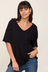 Black Pocketed V-Neck Top