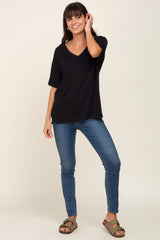 Black Pocketed V-Neck Top