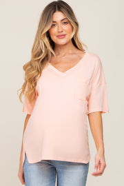 Peach Pocketed V-Neck Maternity Top