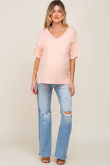 Peach Pocketed V-Neck Maternity Top