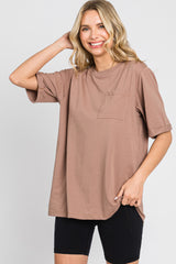 Mocha Oversized Front Pocket Cuffed Short Sleeve Maternity Top