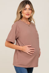 Mocha Oversized Front Pocket Cuffed Short Sleeve Maternity Top