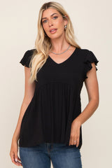 Black Flutter Sleeve V-Neck Maternity Top