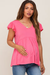 Pink Flutter Sleeve V-Neck Maternity Top