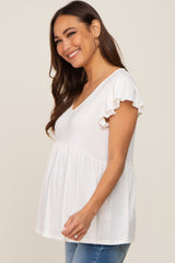 White Flutter Sleeve V-Neck Maternity Top
