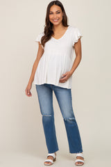 White Flutter Sleeve V-Neck Maternity Top