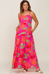 Fuchsia Tropical Leaf Print Maternity Maxi Dress