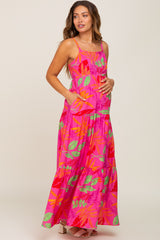 Fuchsia Tropical Leaf Print Maternity Maxi Dress