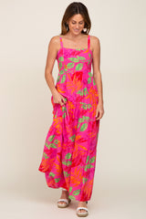 Fuchsia Tropical Leaf Print Maternity Maxi Dress