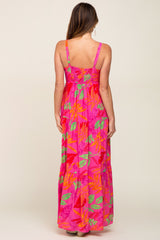 Fuchsia Tropical Leaf Print Maxi Dress