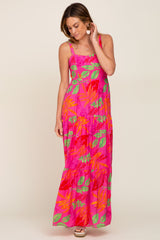 Fuchsia Tropical Leaf Print Maxi Dress