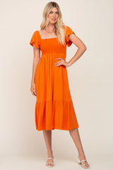 Orange Smocked Ruffle Hem Midi Dress