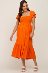 Orange Smocked Ruffle Hem Maternity Midi Dress