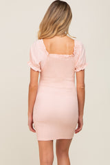 Peach Off-Shoulder Smocked Front Tie Fitted Maternity Dress