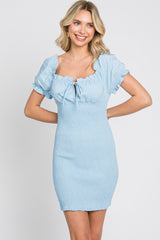 Light Blue Off-Shoulder Smocked Front Tie Fitted Maternity Dress