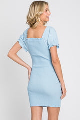 Light Blue Off-Shoulder Smocked Front Tie Fitted Dress